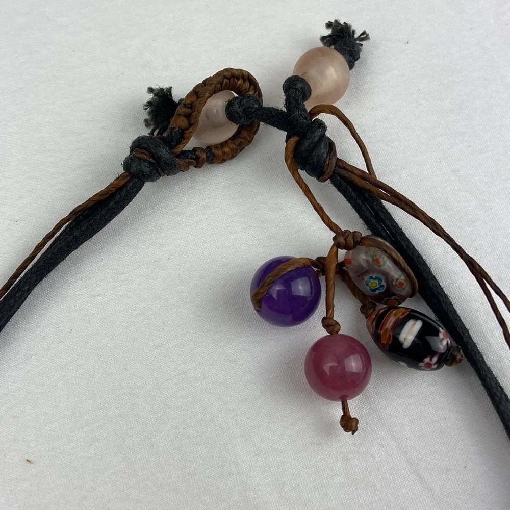 Corded braided dichroic glass polished stone w faceted Millefiori beads necklace